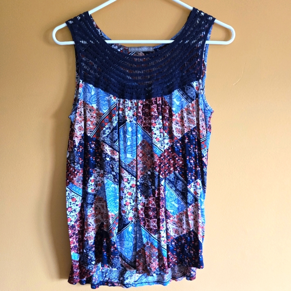Loveappella Patchwork Design Sleeveless Top, PTP=17"
